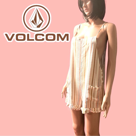 Volcom Pants - 🎉HP!🎉Volcom striped romper in cream, grey-teal, peach/pink and tan. Size XS 🌺